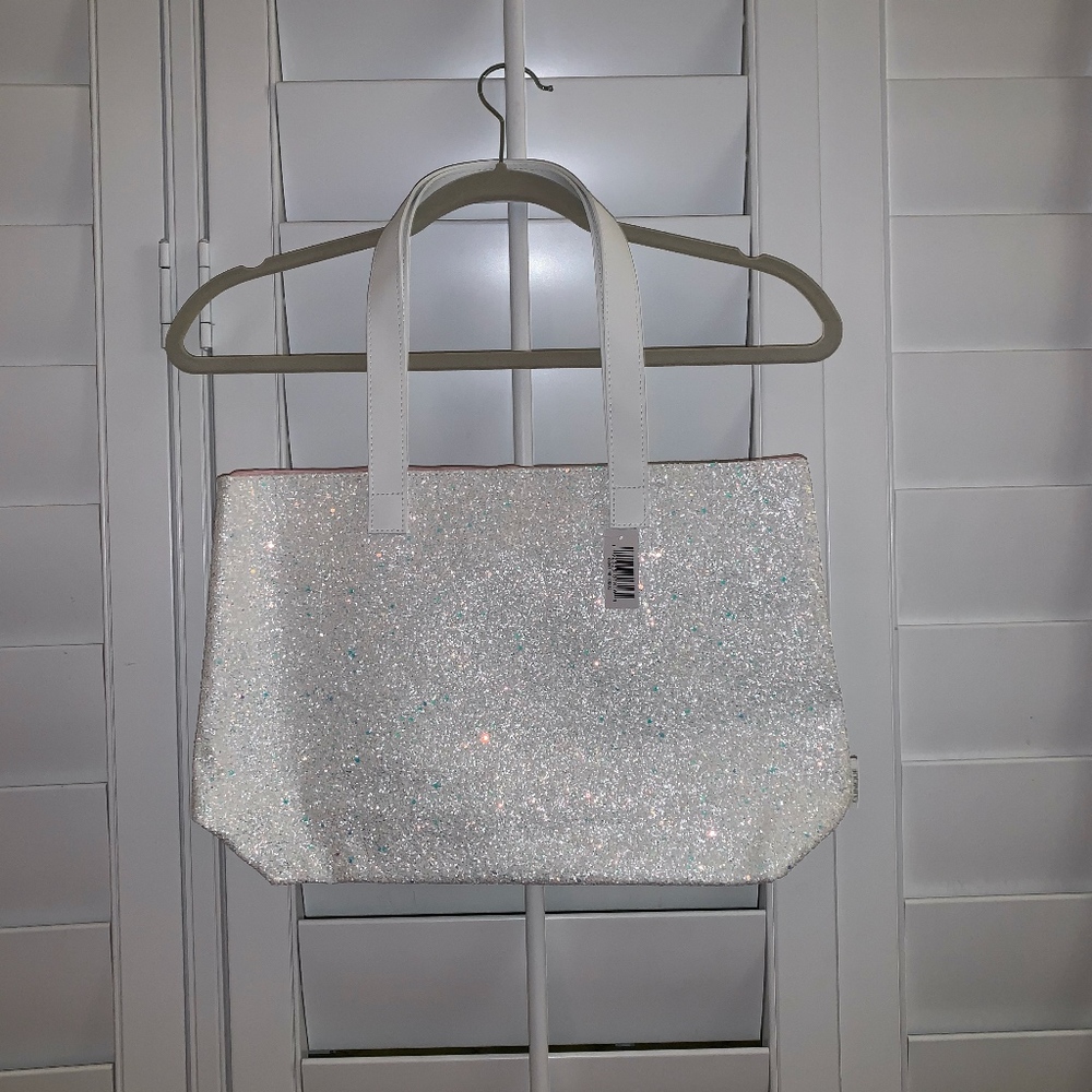 clinique white glitter tote bag. new with tag